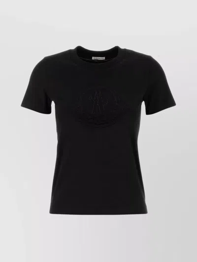Moncler Women Black T-shirt With Rhinestone Logo In Cotton Woman In Black
