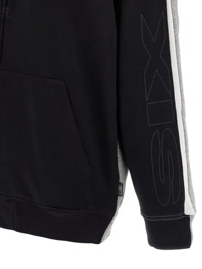 Mm6 Maison Margiela Graphic Print Kangaroo Pocket Drawstring Hood Ribbed Cuffs Hoodie In Gray
