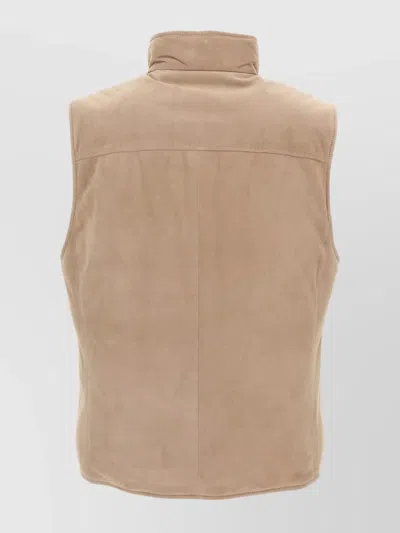 Brunello Cucinelli Beige Suede Sleeveless Down Jacket In Neutral