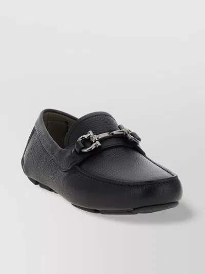 Ferragamo Parisian Metal Bit Pebbled Loafers In Black
