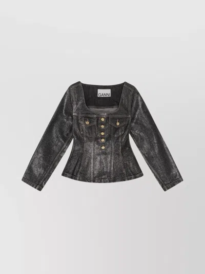 Ganni Peplum Waist Denim Cotton Blazer Jacket In Black