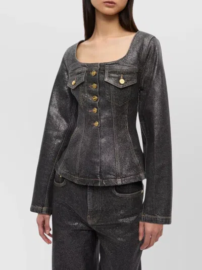 Ganni Peplum Waist Denim Cotton Blazer Jacket In Black