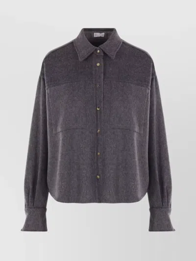 Brunello Cucinelli Wool Shirt With Chest Pockets And Horn Buttons In Blue