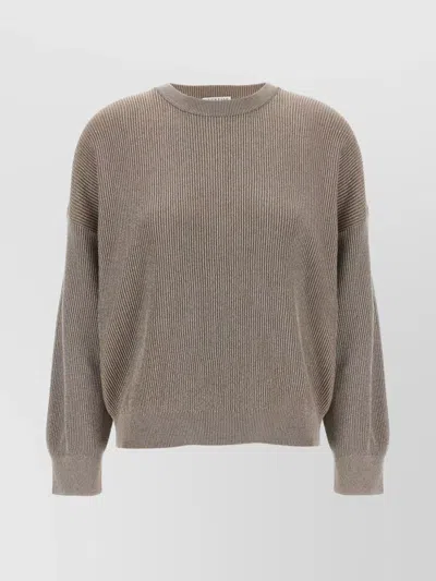 Brunello Cucinelli Ribbed Crewneck Cotton Sweater With Dropped Shoulders