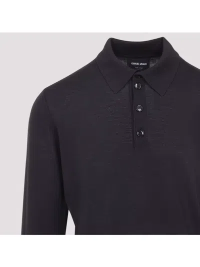 Giorgio Armani Dark Grey Wool Sweater With Polo Collar In Black