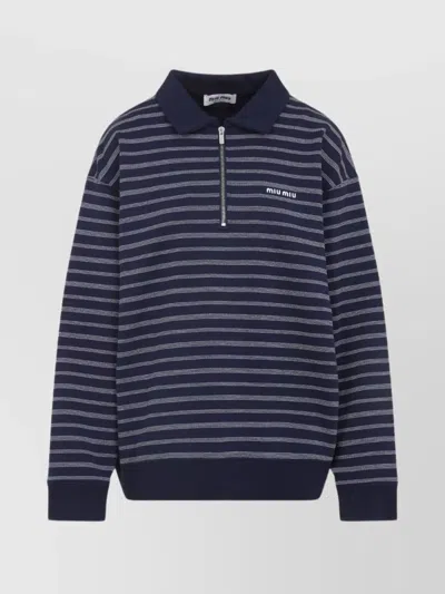 Miu Miu Striped Cotton Sweatshirt With Pointed Collar