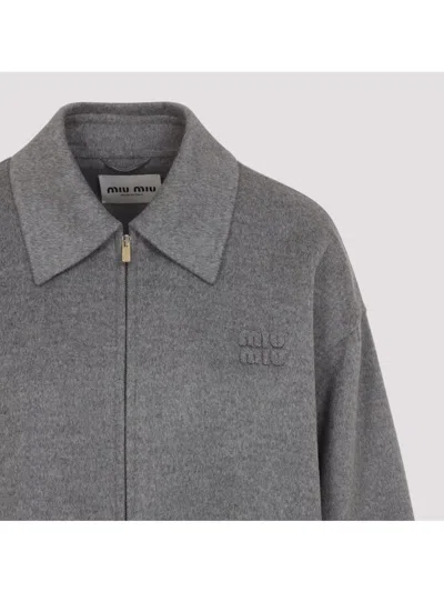 Miu Miu Logo-patch Zip-up Bomber Jacket In Wool In Gray