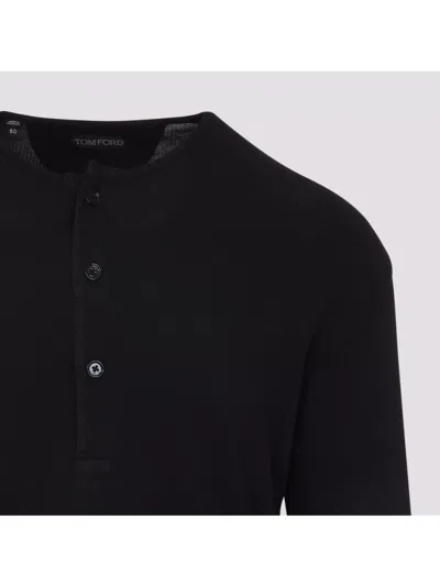 Tom Ford Mens Black Henley Ribbed Relaxed-fit Cotton-blend T-shirt In Black