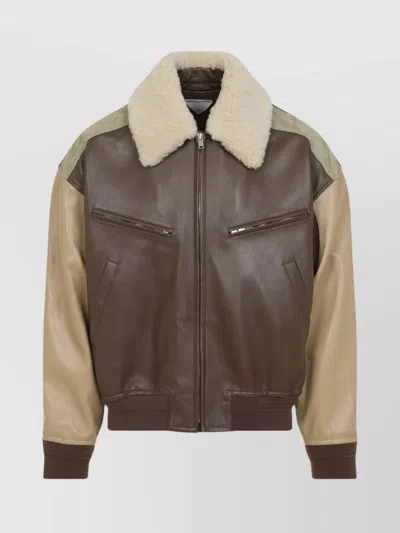 Bottega Veneta Multicolor Leather Bomber Jacket In Brown