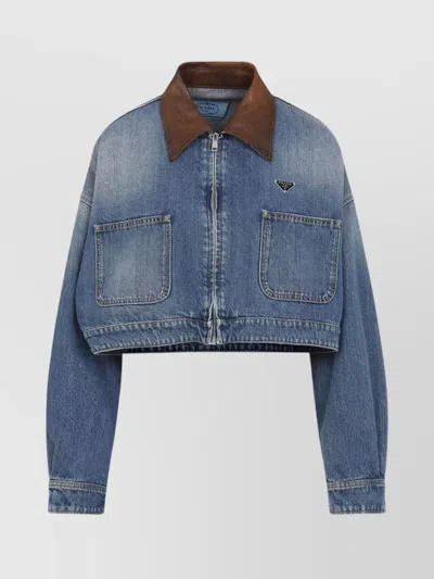 Prada Cropped Jacket With Dropped Shoulders And Puffed Sleeves In Blue