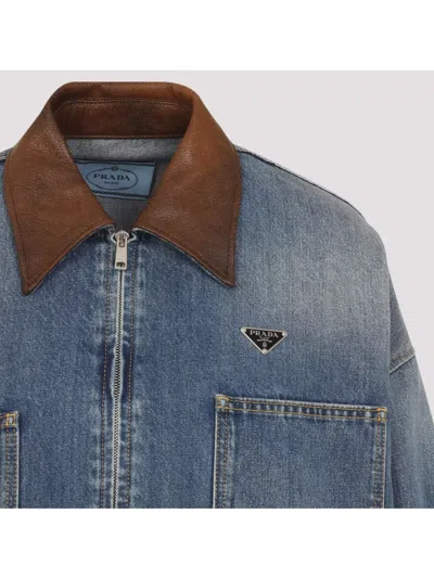 Prada Cropped Jacket With Dropped Shoulders And Puffed Sleeves In Blue