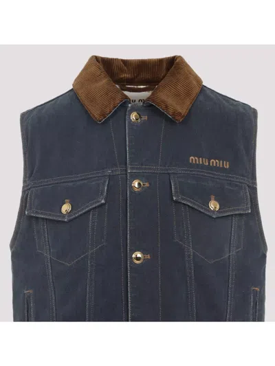 Miu Miu Flap Pocket Denim Jacket With Flock Collar In Blue