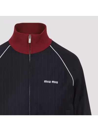 Miu Miu Pinstripe Wool Jacket With Stand-up Collar In Blue