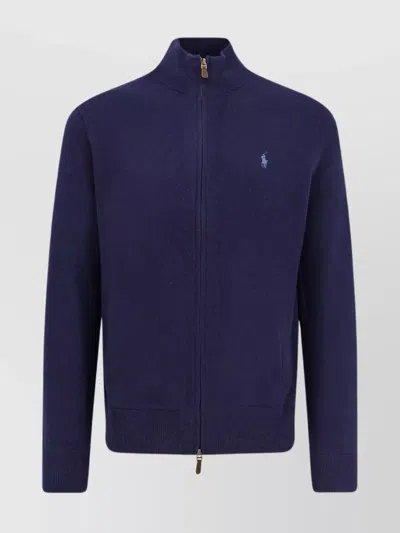 Polo Ralph Lauren Ribbed Cuff Wool Cardigan With Welt Pockets In Blue