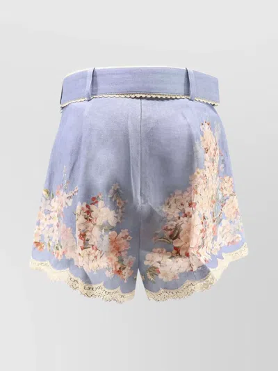 Zimmermann Cascadian Belted Lace-trimmed Pleated Floral-print Linen Shorts In Blue