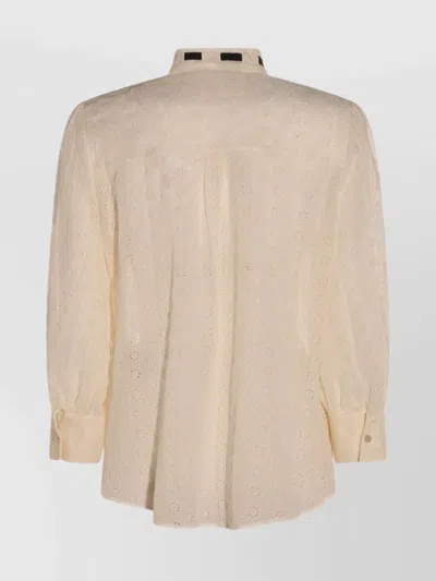 Valentino Embroidered Bow Stand Collar Long Sleeve Top In Neutral