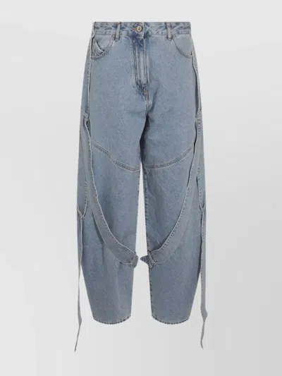 Attico Blue Jeans With Maxi Drawstring On The Front And Logo Patch On The Rear In Denim Woman In Blue