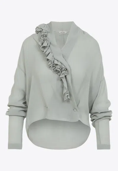 Alberta Ferretti Loose-fitting Grey Shirt With Ruffled Trim In Gray