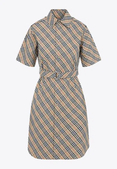 Burberry Checked Mini Shirt Dress In Brown