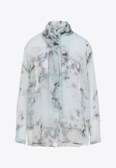 Alberta Ferretti Floral Print Chiffon Blouse With Knot Tie In Blue