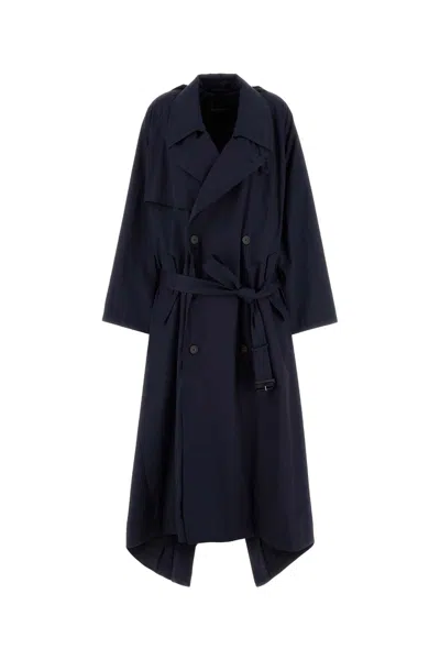 Balenciaga Women Navy Blue Cotton Oversize Trench Coat In Blue
