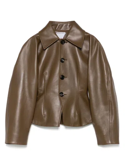 Bottega Veneta Brown Leather Jacket With Classic Collar And Flattering Silhouette In Brown