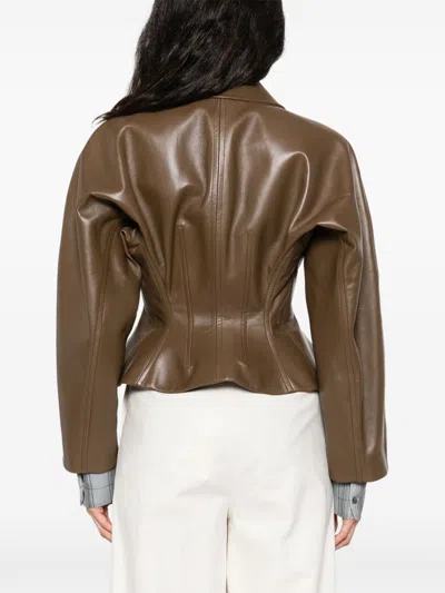 Bottega Veneta Brown Leather Jacket With Classic Collar And Flattering Silhouette In Brown
