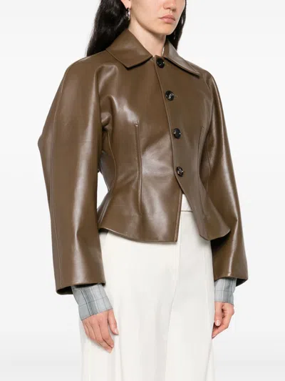 Bottega Veneta Brown Leather Jacket With Classic Collar And Flattering Silhouette In Brown