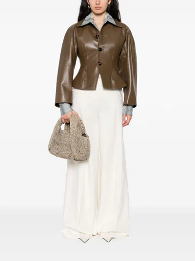Bottega Veneta Brown Leather Jacket With Classic Collar And Flattering Silhouette In Brown