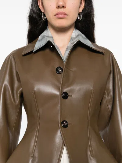 Bottega Veneta Brown Leather Jacket With Classic Collar And Flattering Silhouette In Brown