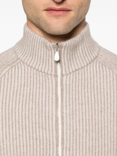 Brunello Cucinelli Cashmere High Neck Zip-up Cardigan With Ribbed Knit In Neutral