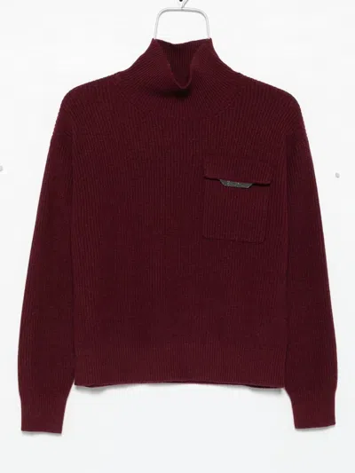 Brunello Cucinelli Cashmere Turtleneck Sweater Chest Pocket In Burgundy