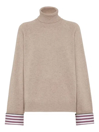 Brunello Cucinelli Light Brown Cashmere Turtle-neck Sweater In Neutral
