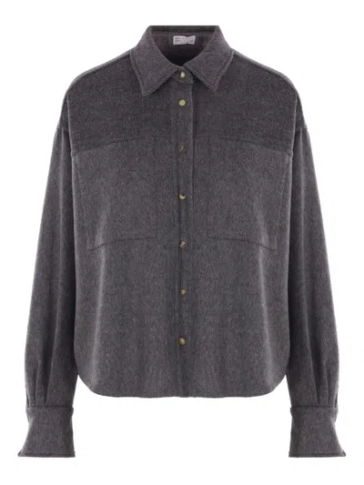 Brunello Cucinelli Wool Shirt With Chest Pockets And Horn Buttons In Blue