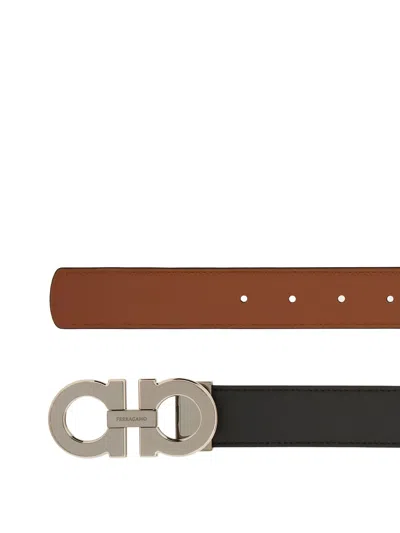 Ferragamo Gancini Black Cognat Reversible Belt In Black