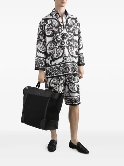 Dolce & Gabbana Maiolica Black And White Shorts With Elastic Drawstring Closure And All-over Print In Silk Man