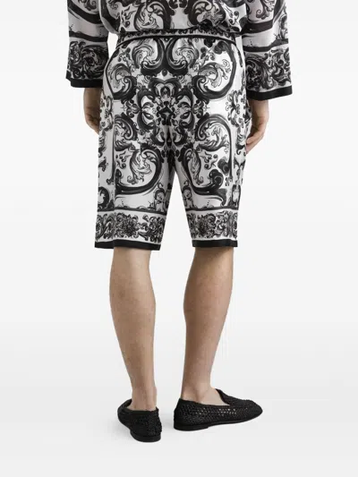Dolce & Gabbana Maiolica Black And White Shorts With Elastic Drawstring Closure And All-over Print In Silk Man