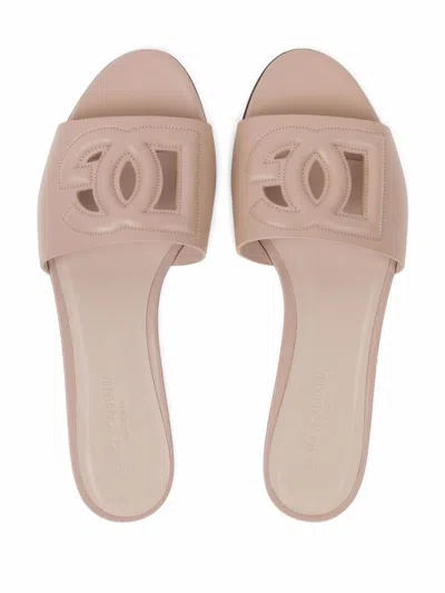 Dolce & Gabbana Women Dg Logo Leather Flat Sandals In Pink
