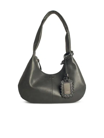 Ganni Black Leather Hobo Medium Shoulder Bag In Black