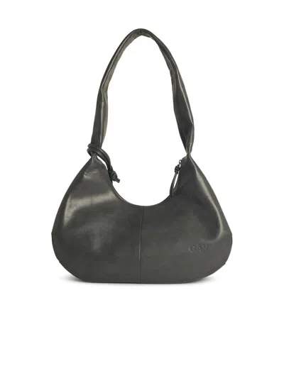 Ganni Black Leather Hobo Medium Shoulder Bag In Black
