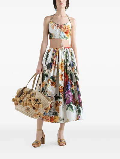 Dolce & Gabbana Flower Bouquet Pleated Popeline Midi Skirt In Multi