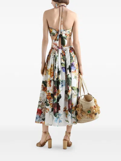 Dolce & Gabbana Flower Bouquet Pleated Popeline Midi Skirt In Multi