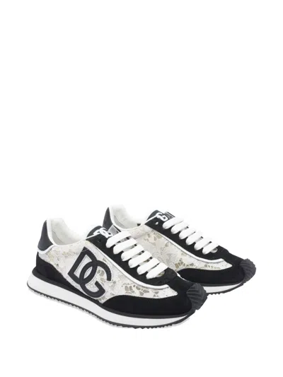 Dolce & Gabbana Black And White Low Top With Lace Details And Dg Patch On The Side