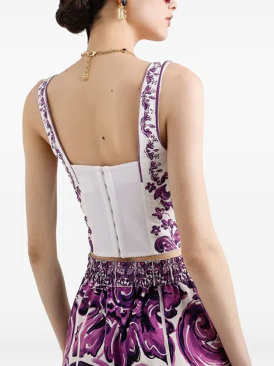 Dolce & Gabbana Cotton Blend Bustier Top With Maiolica Print In Purple