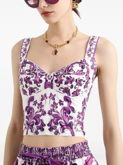 Dolce & Gabbana Cotton Blend Bustier Top With Maiolica Print In Purple