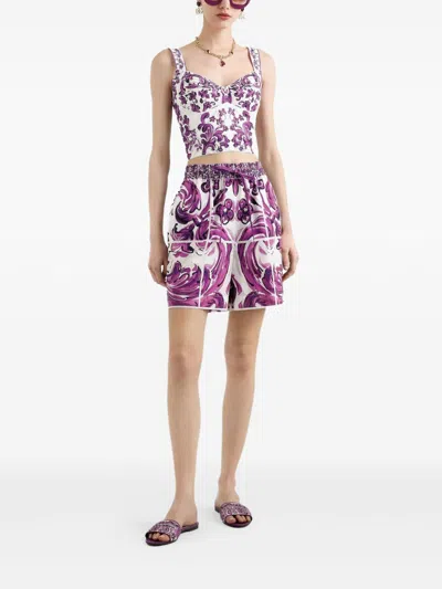 Dolce & Gabbana Cotton Blend Bustier Top With Maiolica Print In Purple