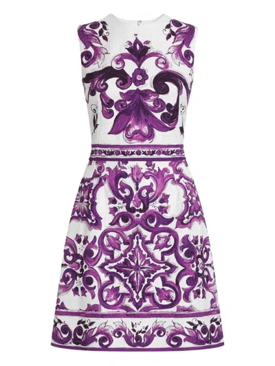 Dolce & Gabbana Women Maiolica Print Cotton Blend Dress In Purple