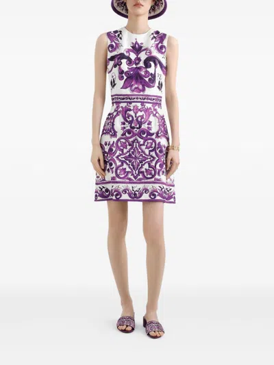Dolce & Gabbana Women Maiolica Print Cotton Blend Dress In Purple