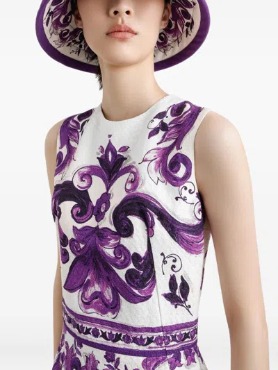 Dolce & Gabbana Women Maiolica Print Cotton Blend Dress In Purple