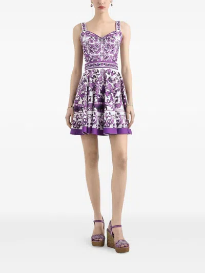 Dolce & Gabbana Violet Dress With Thin Straps And All-over Floral Motif In Cotton Blend Woman In Purple